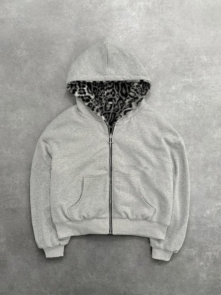 Veste à capuche en peluche pour femmes avec doublure léopard réversible Chic & Stil