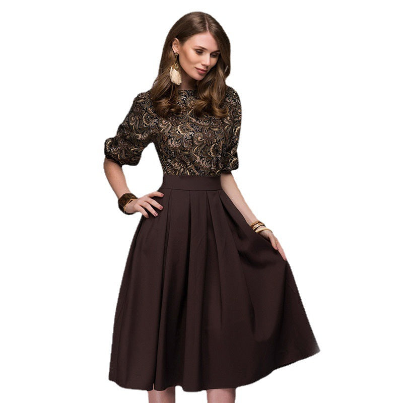 Ladies midi dress with tailored top made of jacquard and wide pleated skirt Amarae