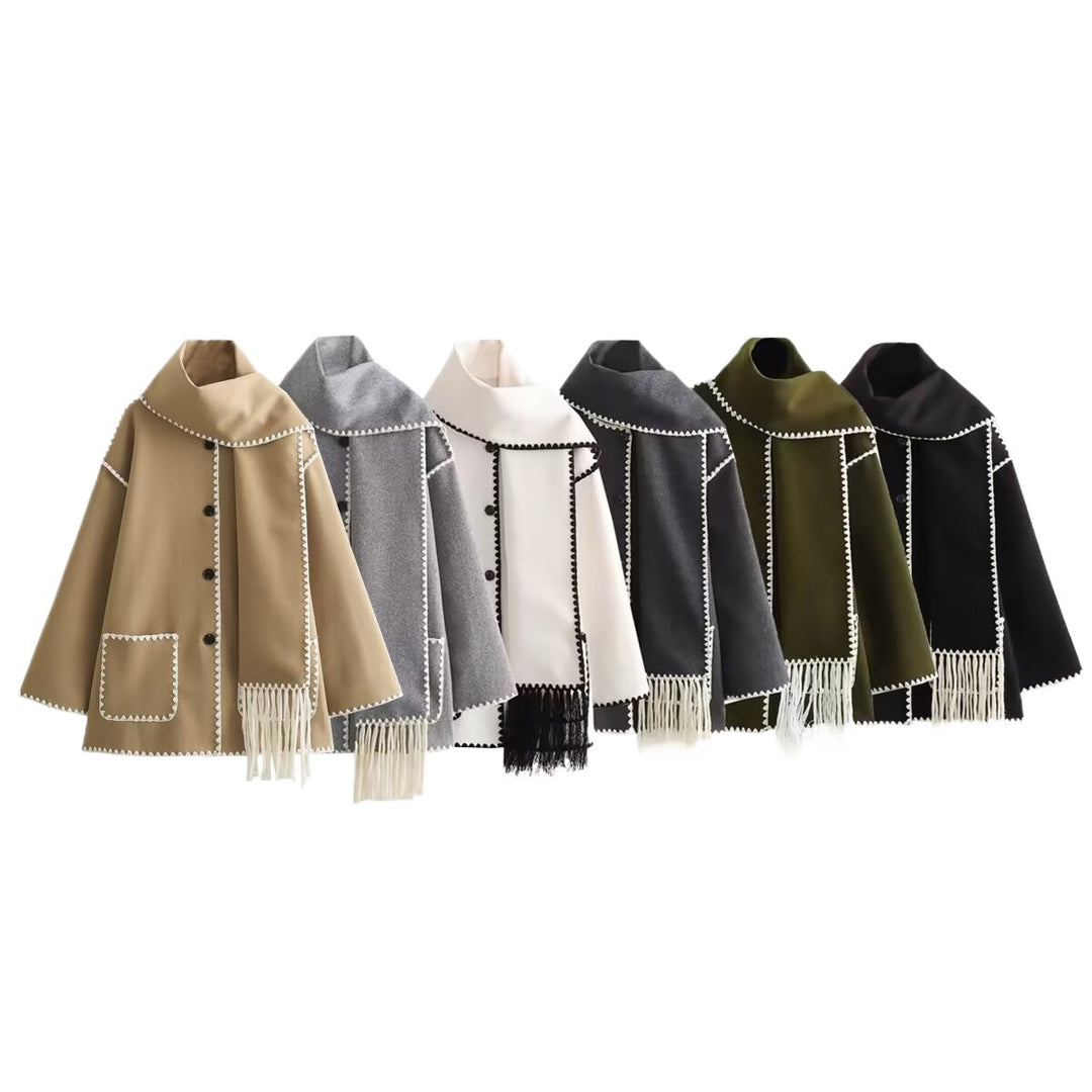 Elegant women's wool jacket with decorative fringed scarf Lune London