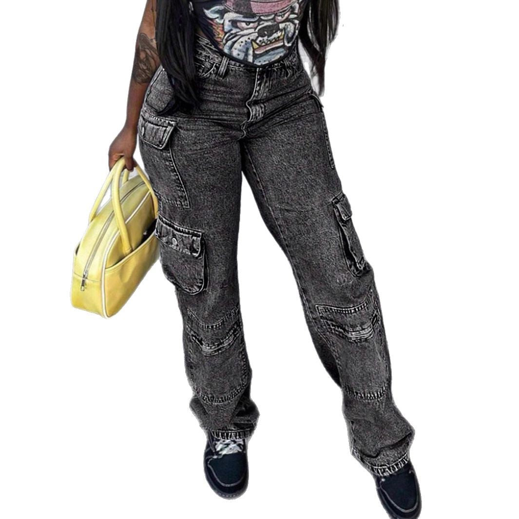 Women's Cargo Denim Pants with High Waist, Loose Baggy Cut and Functional Flap Pockets Amarae