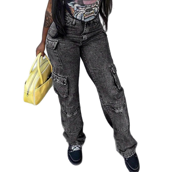 Women's Cargo Denim Pants with High Waist, Loose Baggy Cut and Functional Flap Pockets Amarae