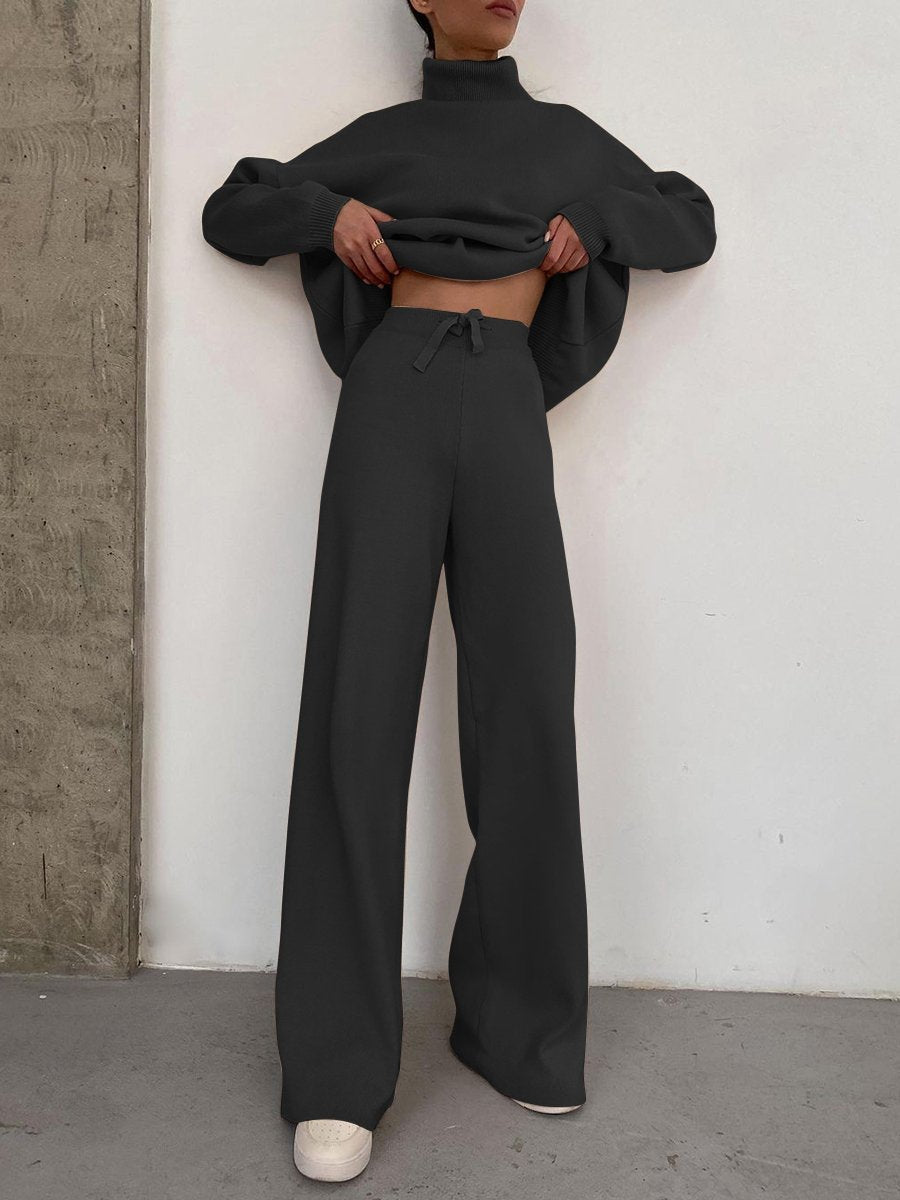 Women Wide Knit Pants with High Waist, Drawstring, and Wide Leg Amarae