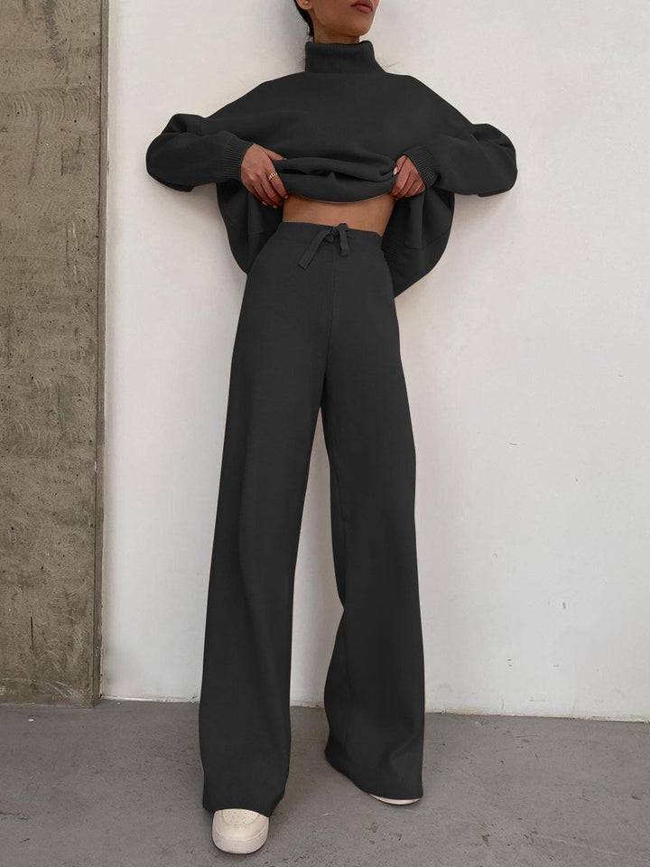 Women Wide Knit Pants with High Waist, Drawstring, and Wide Leg Amarae