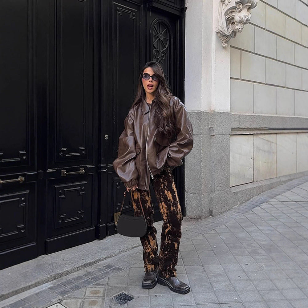 Women's Oversized Vegan Leather Bomber Jacket with Elastic Hem & Large Flap Pockets Amarae