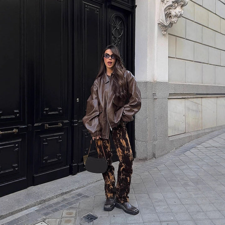 Women's Oversized Vegan Leather Bomber Jacket with Elastic Hem & Large Flap Pockets Amarae