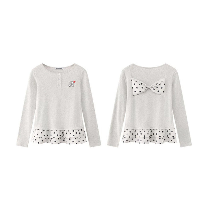 Women's Long Sleeve Henley Layering Top with Ruffle Underlay and Heart Patch Amarae