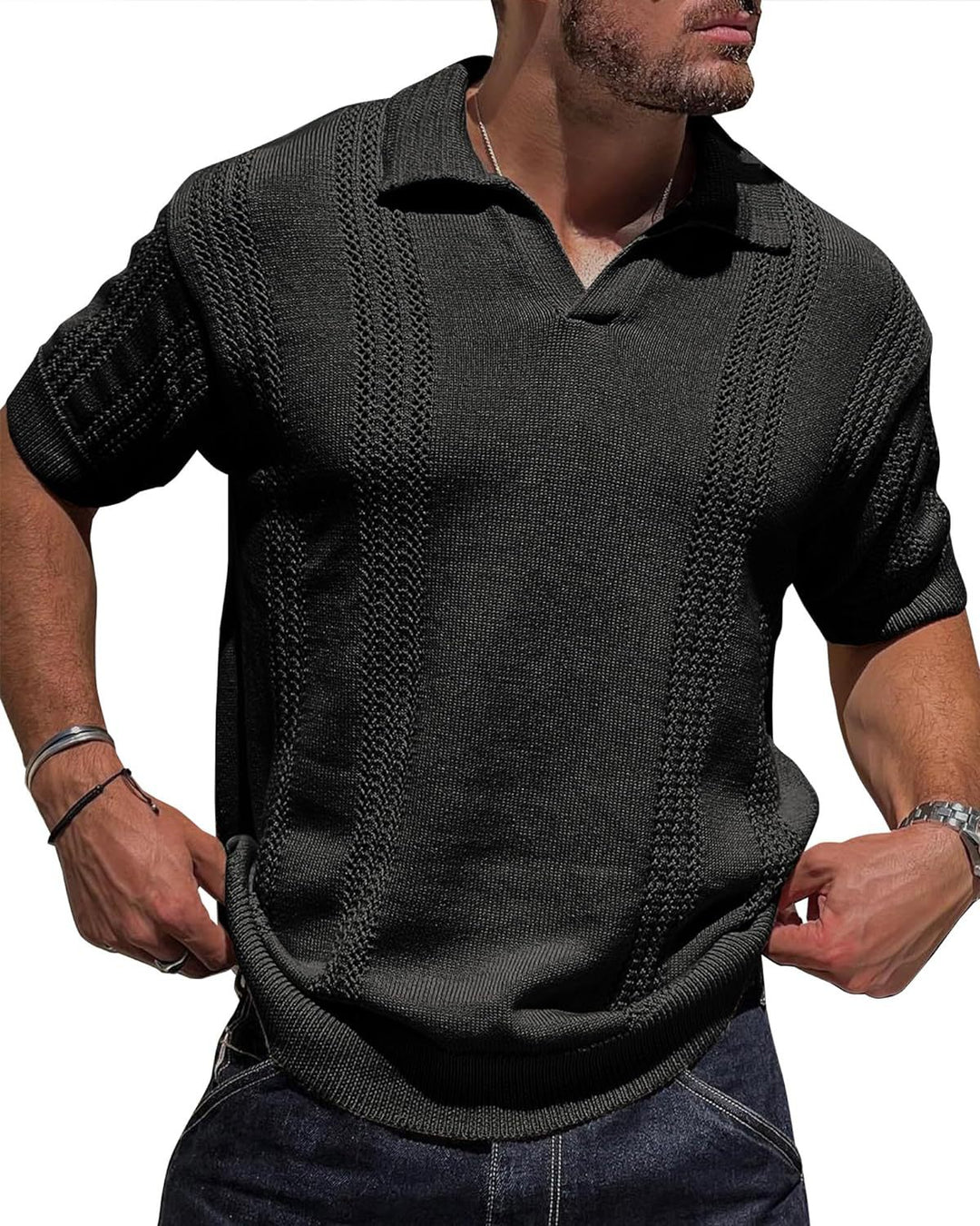 Knitted short sleeve pullover for men with textured surface and polo collar Lune London