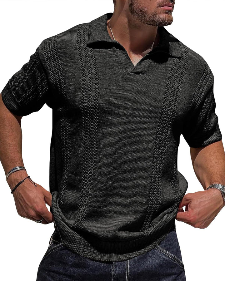 Knitted short sleeve pullover for men with textured surface and polo collar Lune London