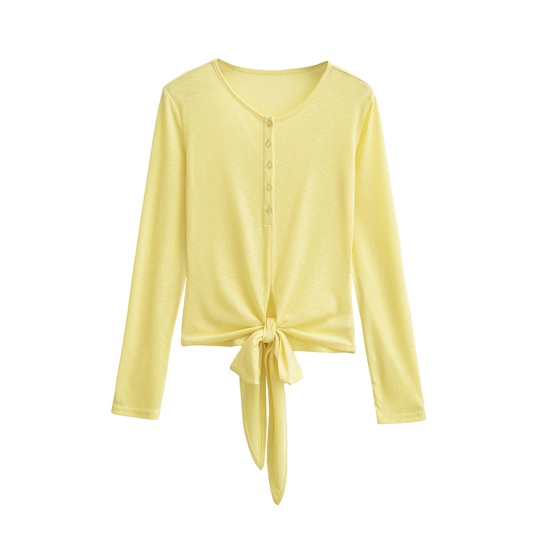 Women’s Long Sleeve Henley Top with Knot Front and Button Placket Amarae