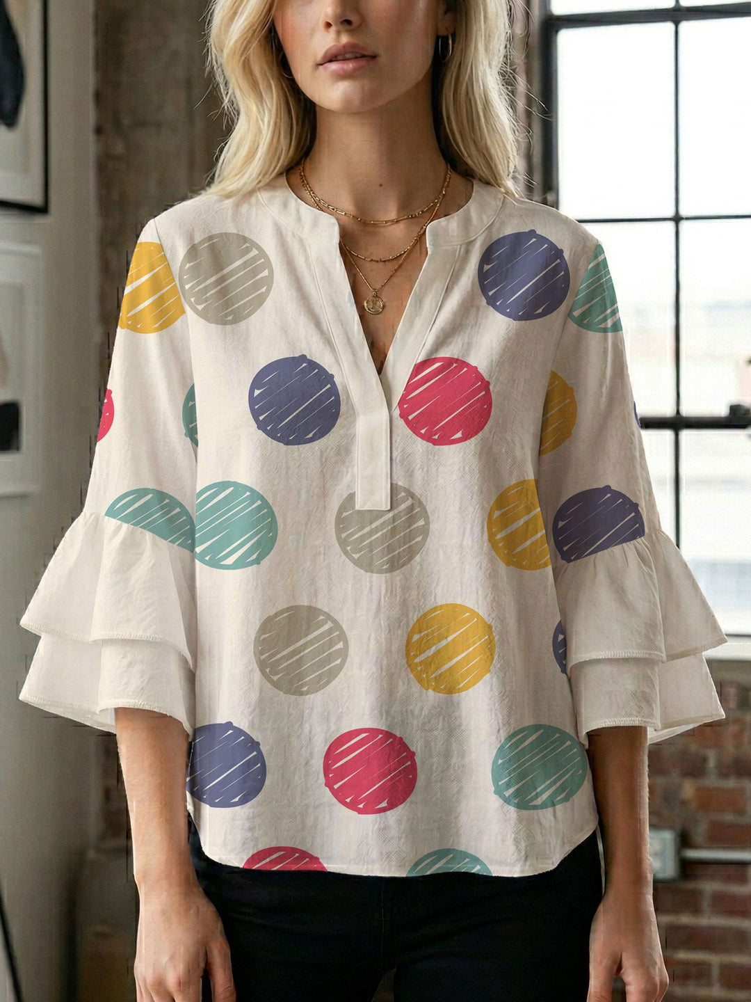 Women's blouse with voluminous wing sleeves and intense leaf pattern Lune London
