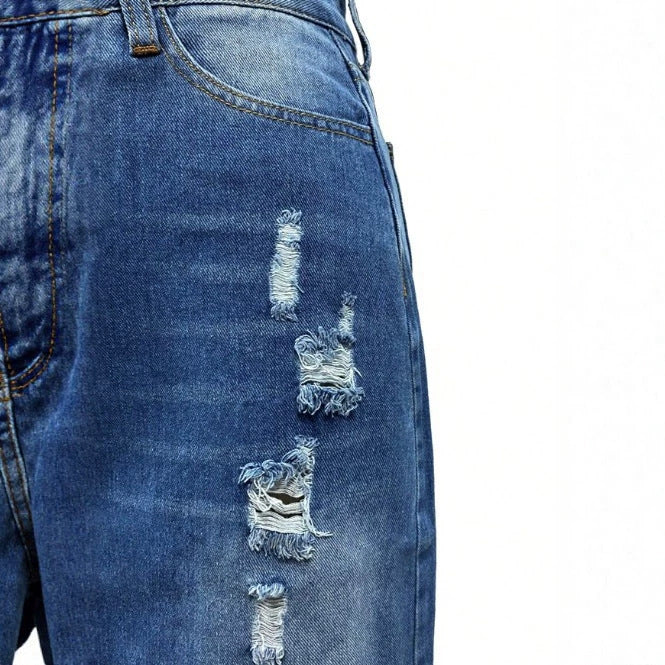 Women's High-Waisted Destroyed Denim Midi Skirt with Center Front Slit and Frayed Hem Amarae