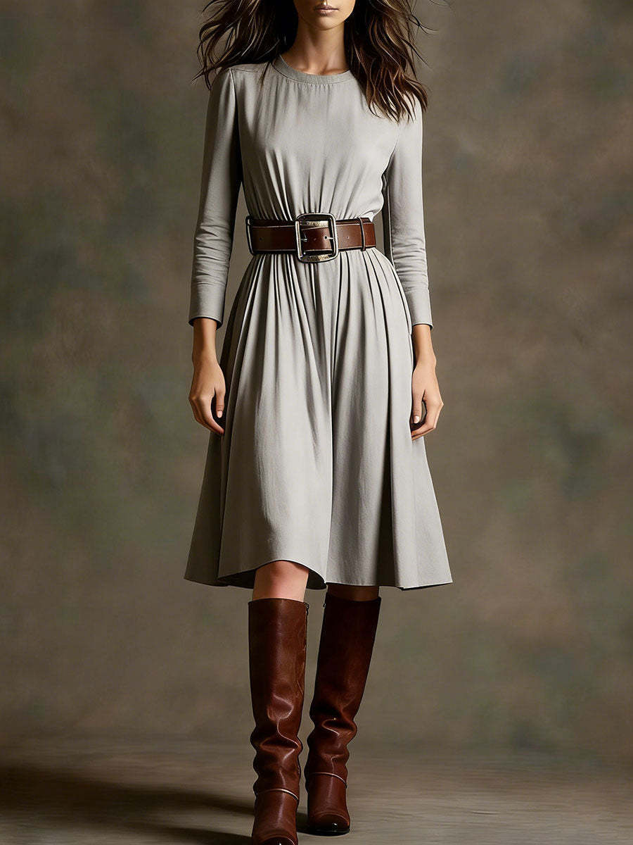 Women Elegant Dress with Long Sleeve and Waist Belt Chic & Stil