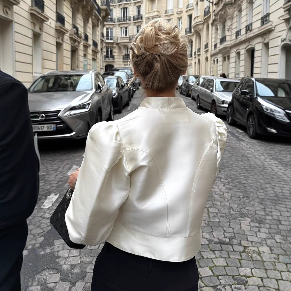 Women Tailored Satin Bolero Jacket with Stand-up Collar & Emphasized Puff Sleeves Amarae