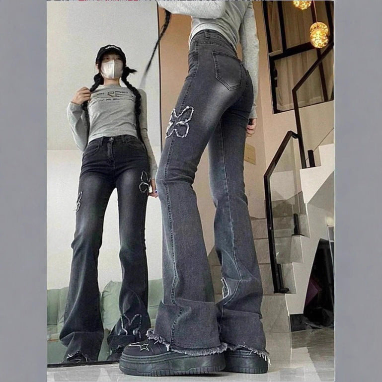 Ladies High-Waisted Flared Jeans with Butterfly Embroidery, Raw Hem and Sculpting Stretch Waistband Amarae