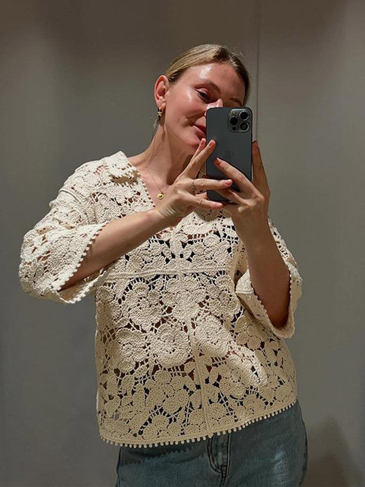 Women's Crocheted Blouse with Floral Openwork Pattern and Three-Quarter Sleeves Amarae