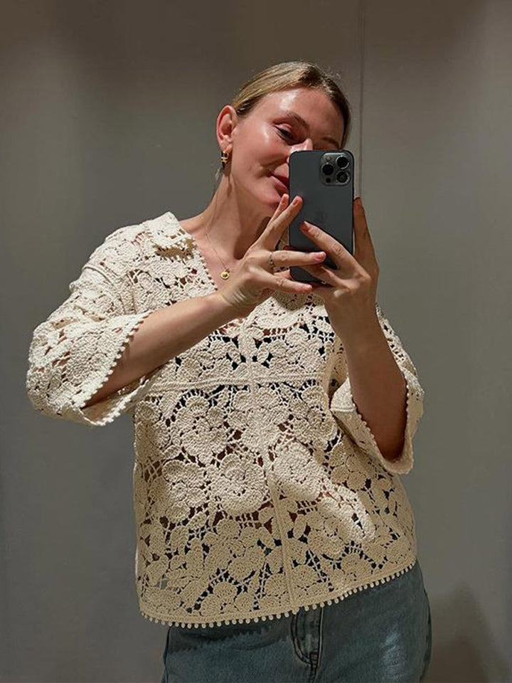 Women's Crocheted Blouse with Floral Openwork Pattern and Three-Quarter Sleeves Amarae