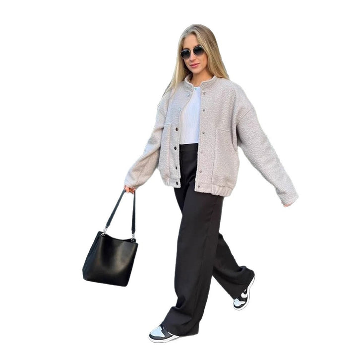 Women's teddy fleece bomber jacket in boxy cut with snap button closure and patch pockets Amarae