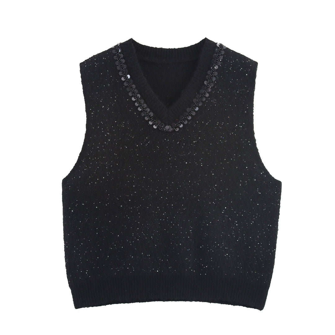 Women's Sleeveless Mohair-Look Knitted Vest with V-Neck and Decorative Sequins Amarae