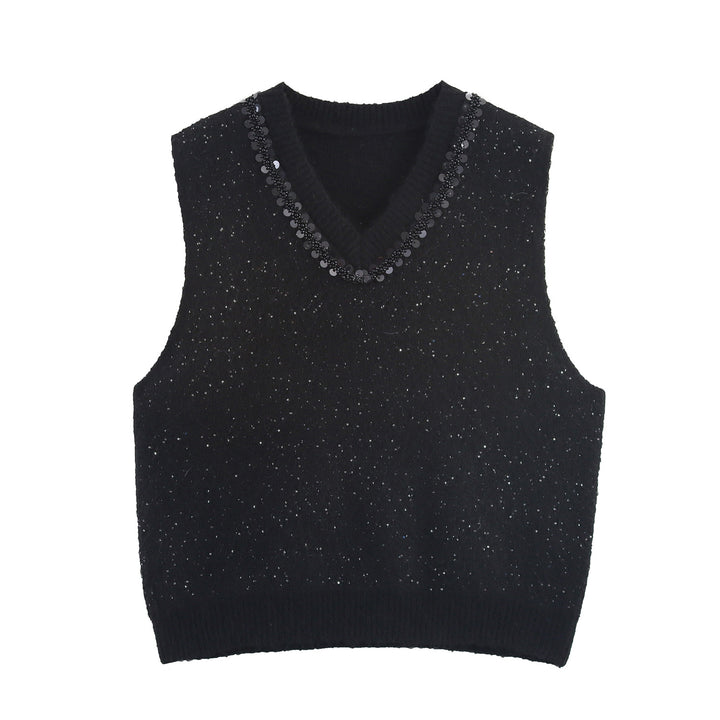 Women's Sleeveless Mohair-Look Knitted Vest with V-Neck and Decorative Sequins Amarae