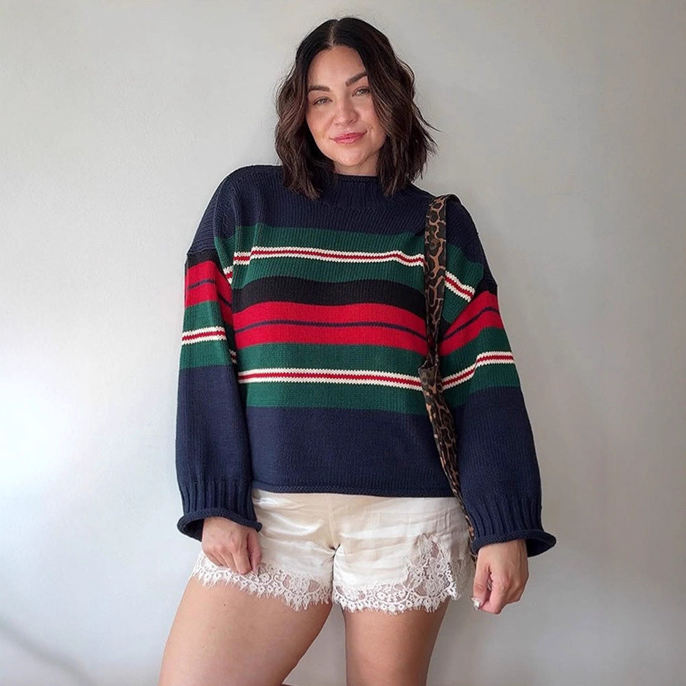 Women Striped Oversize Knit Sweater with Raglan Sleeves Amarae