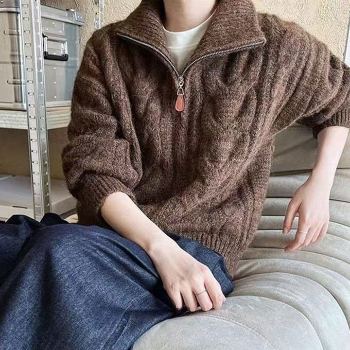 Pull en tricot épais pour femmes avec col montant et zip décoratif Chic & Stil
