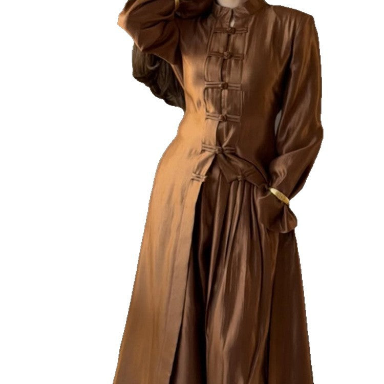 Women’s maxi dress with stand-up collar, traditional knot closure, and balloon sleeves Amarae