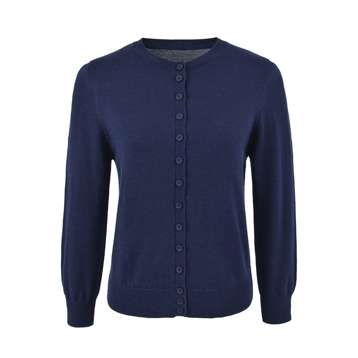 Ladies finely knitted round neck cardigan with button placket and ribbed cuffs Amarae