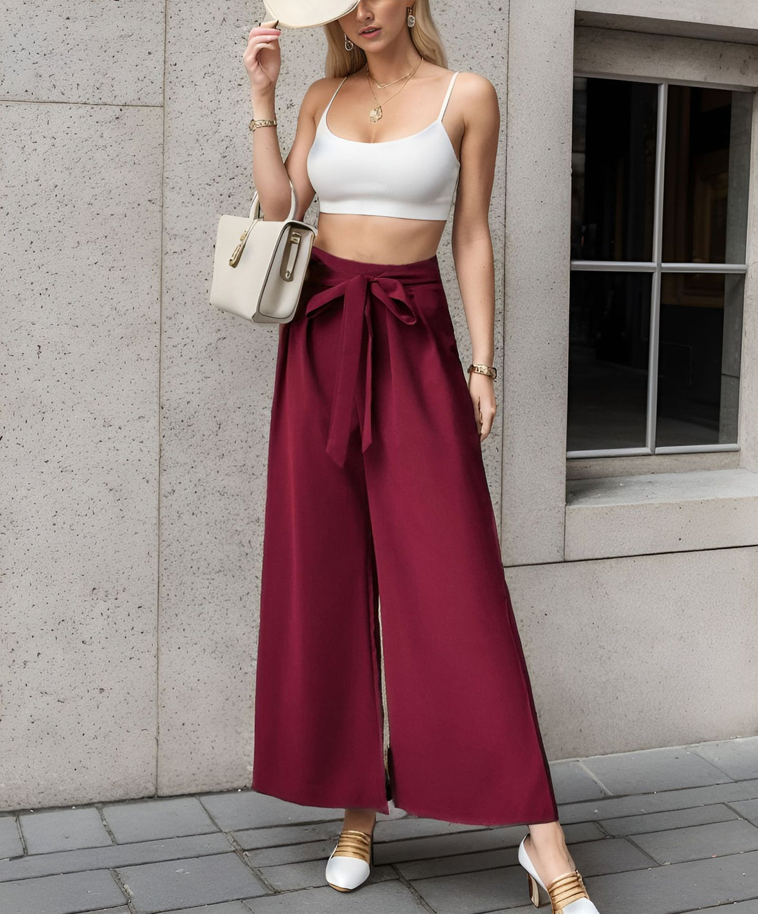 High waisted wide leg pants for women with tie belt Lune London