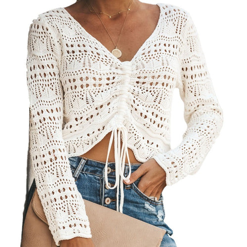 Knit sweater for women with a decorative hole pattern and an adjustable drawstring Amarae