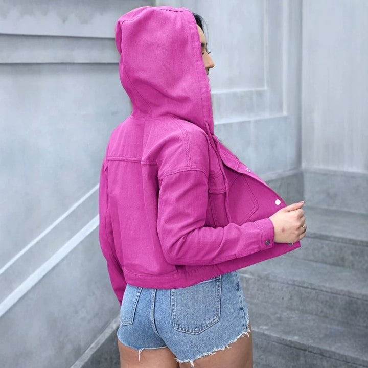 Women's Cropped Denim Jacket with Hood, Snap Button Front and Tailored Fit Amarae