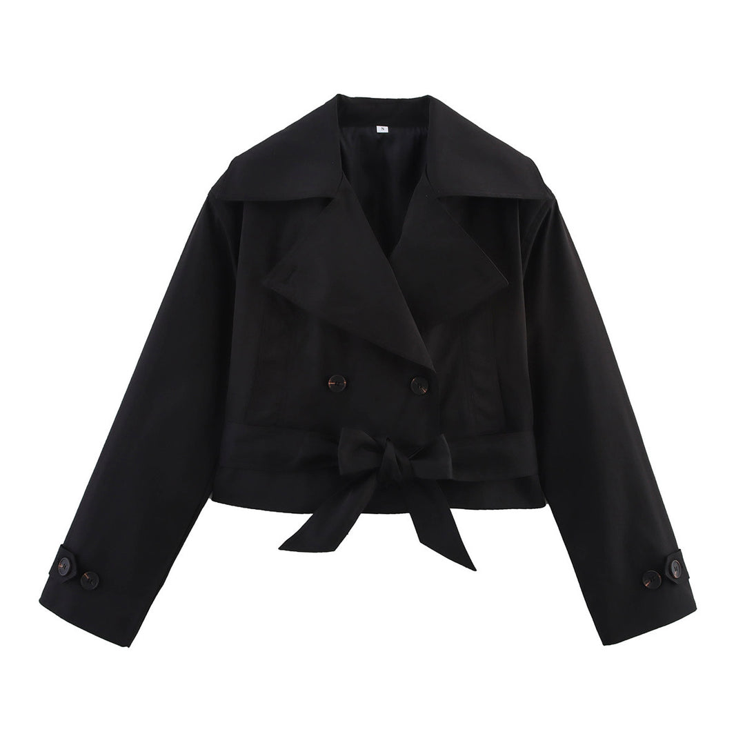 Women Short Cropped Trench Coat with Wide Shawl Collar, Waist Belt to Tie and Decorative Cuffs Amarae