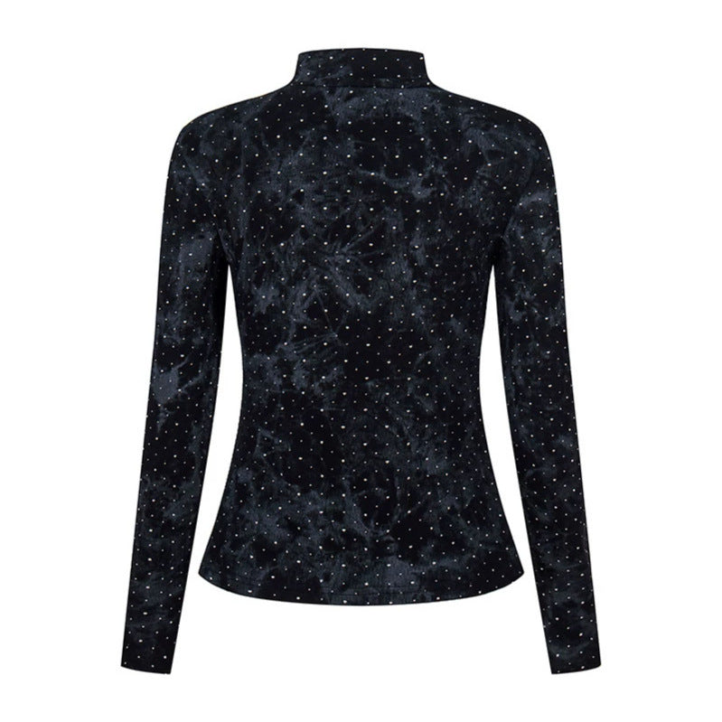 Women's long sleeve shirt with stand-up collar and decorative cord appliqué Amarae