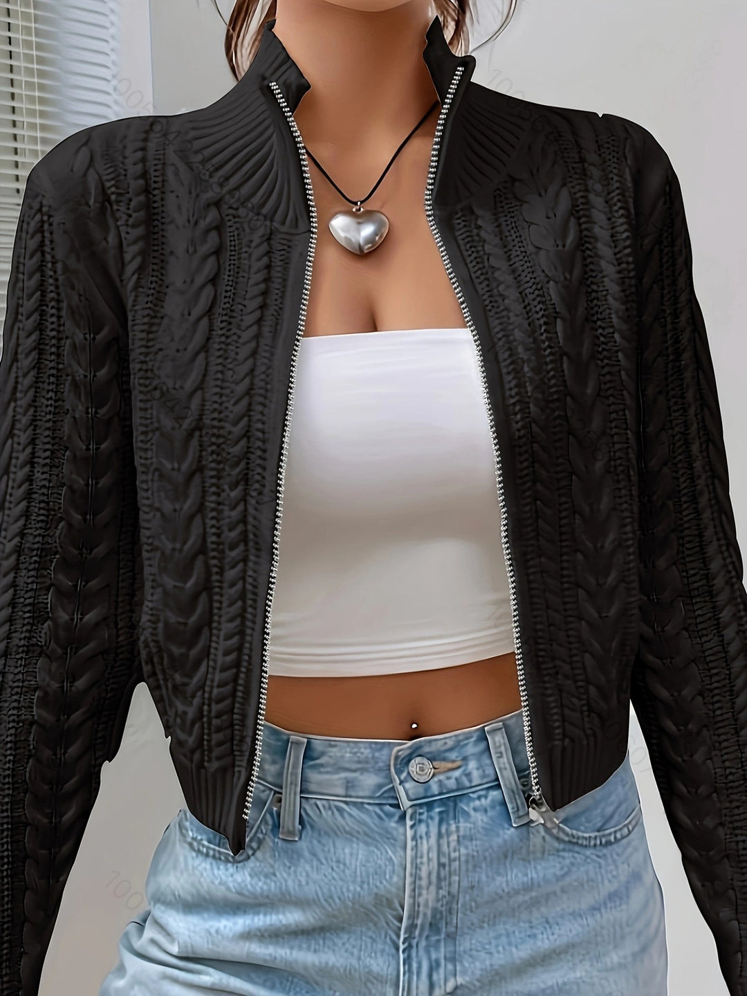 Trendy zip-up women's knit jacket with rich detail structure Lune London