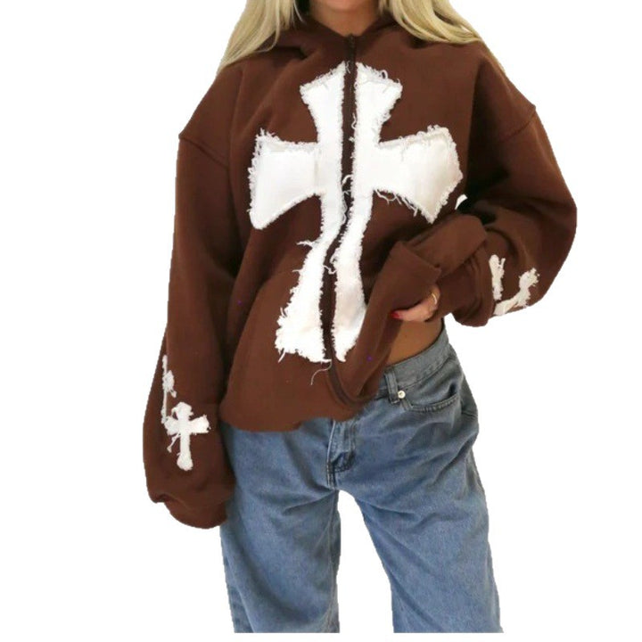 Women's casual hoodie with a unique crossover design and fringe details Lune London