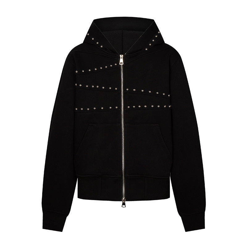 Women's hooded sweat jacket with studded accents, full-length zipper, and kangaroo pockets Amarae