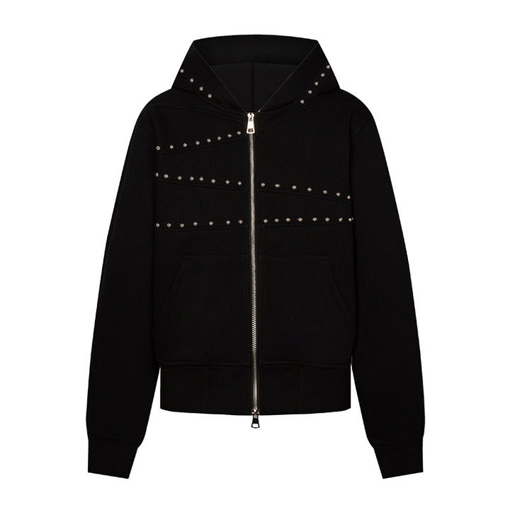 Women's hooded sweat jacket with studded accents, full-length zipper, and kangaroo pockets Amarae