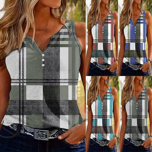 Sleeveless top for women with V-neck, decorative button detail, and modern plaid pattern Amarae