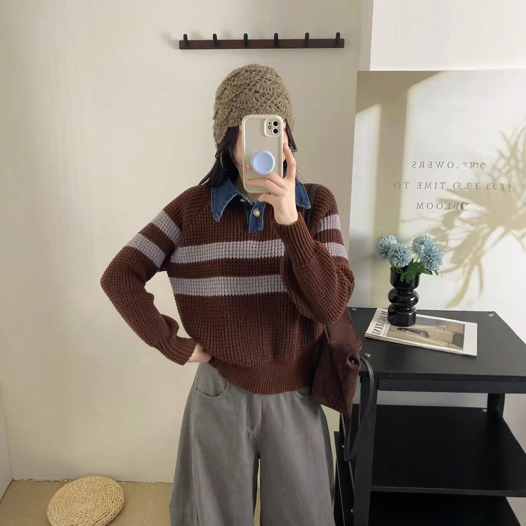 Pull en tricot décontracté pour femmes avec col et design rayé Chic & Stil
