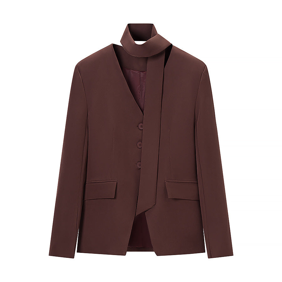 Women's Tailored V-Neck Blazer with Integrated Bow and Flap Pockets Amarae