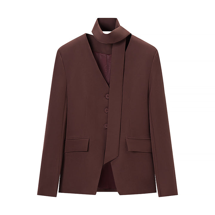 Women's Tailored V-Neck Blazer with Integrated Bow and Flap Pockets Amarae