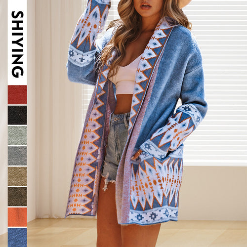 Cardigan pour femmes à manches longues avec motif géométrique et poches ouvertes Chic & Stil