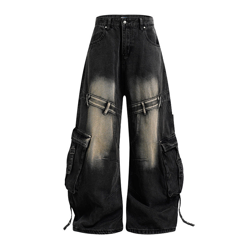 Women Wide Denim Cargo Culotte Pants with High Waist and Multifunctional Pockets Amarae