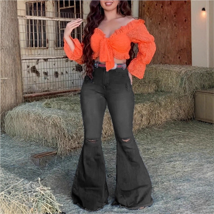 Women's High-Waisted Flared Jeans with Flared Leg, Knee Rips, and Figure-Enhancing Stretch Waistband Amarae