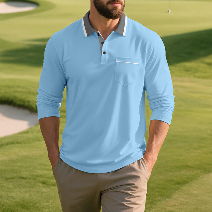 Men's long sleeve polo shirt in breathable fabric with modern collar Lune London