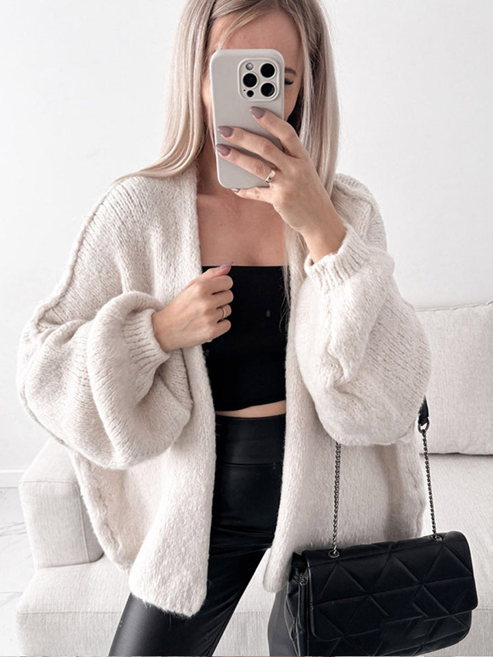 Women's Oversize Knit Cardigan with Voluminous Balloon Sleeves and Teddy-like Texture Amarae