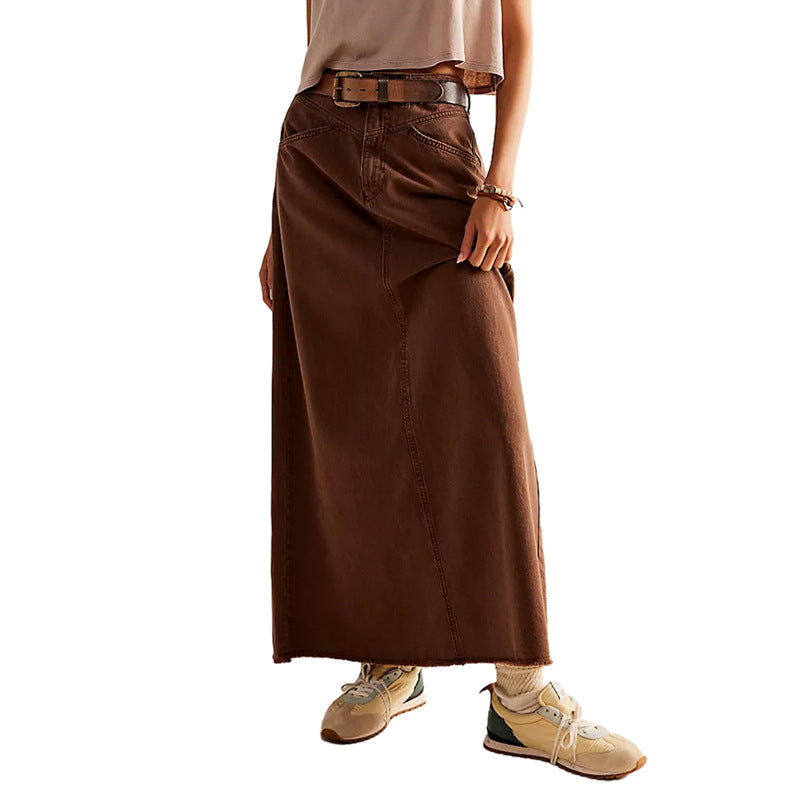 Women's Denim Maxi Skirt with High Waist and Practical Pockets Lune London