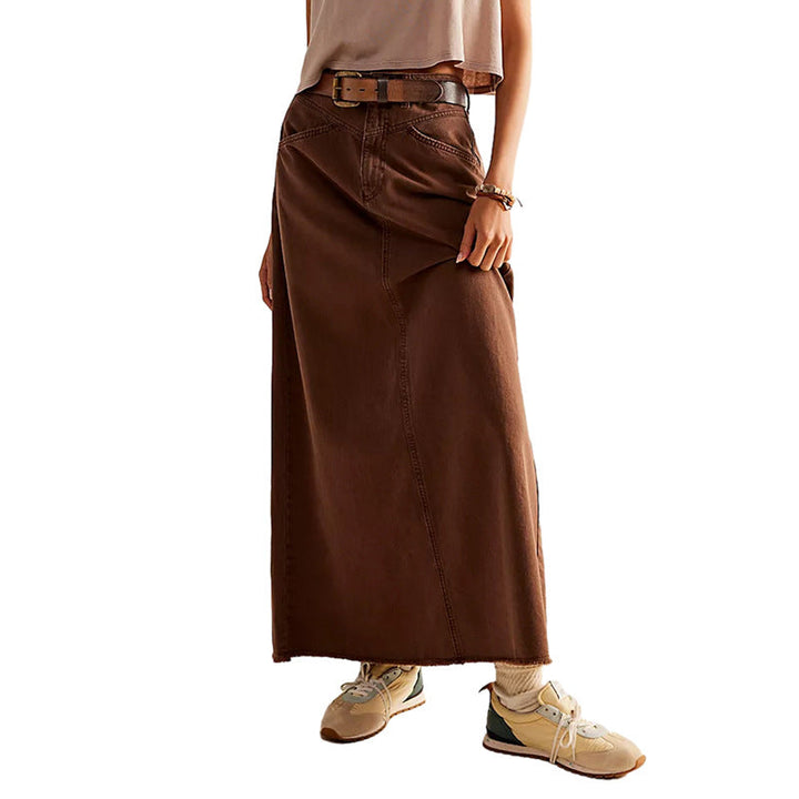 Women's Denim Maxi Skirt with High Waist and Practical Pockets Lune London