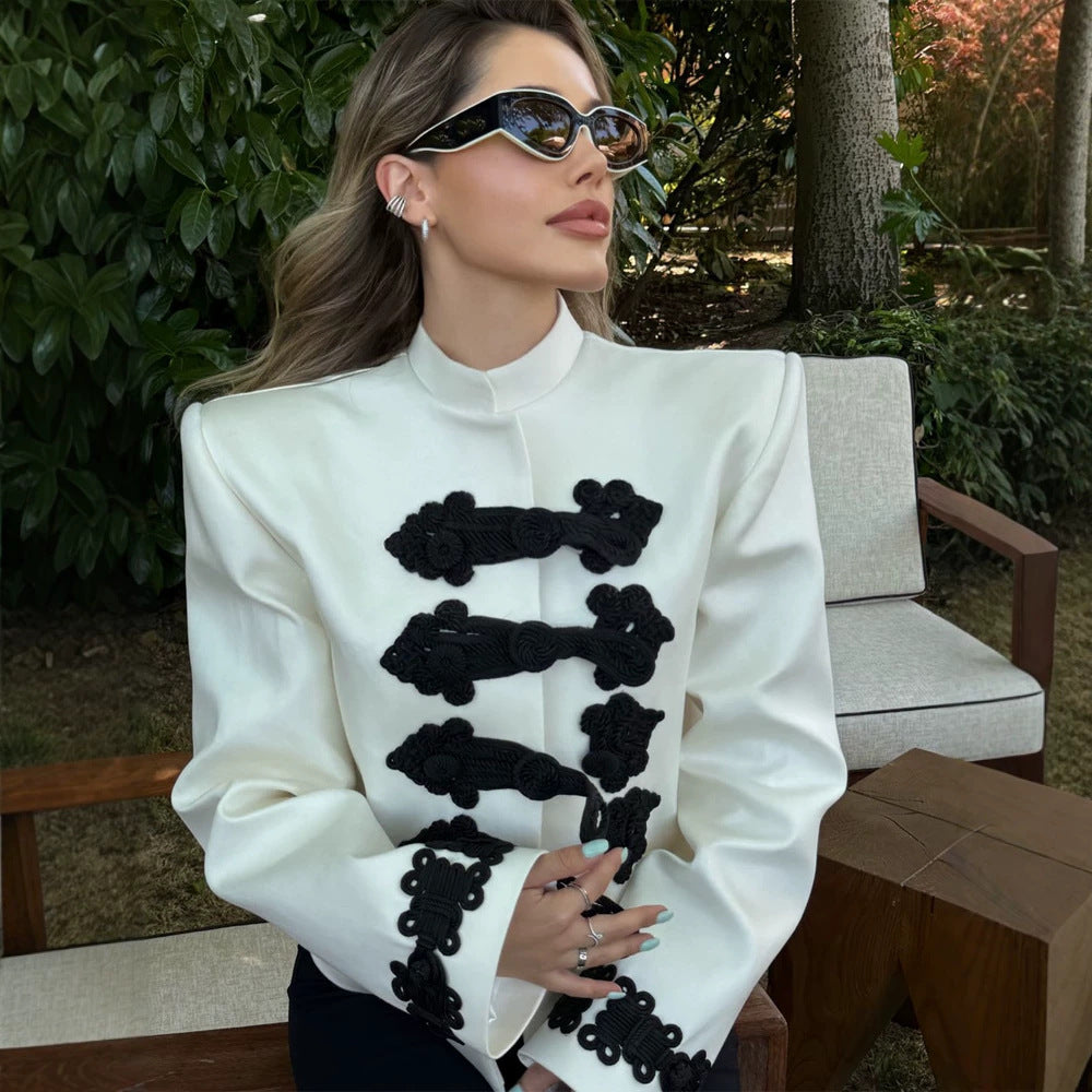 Women’s short blazer in military style with stand-up collar, decorative cord closures and contrasting application Amarae