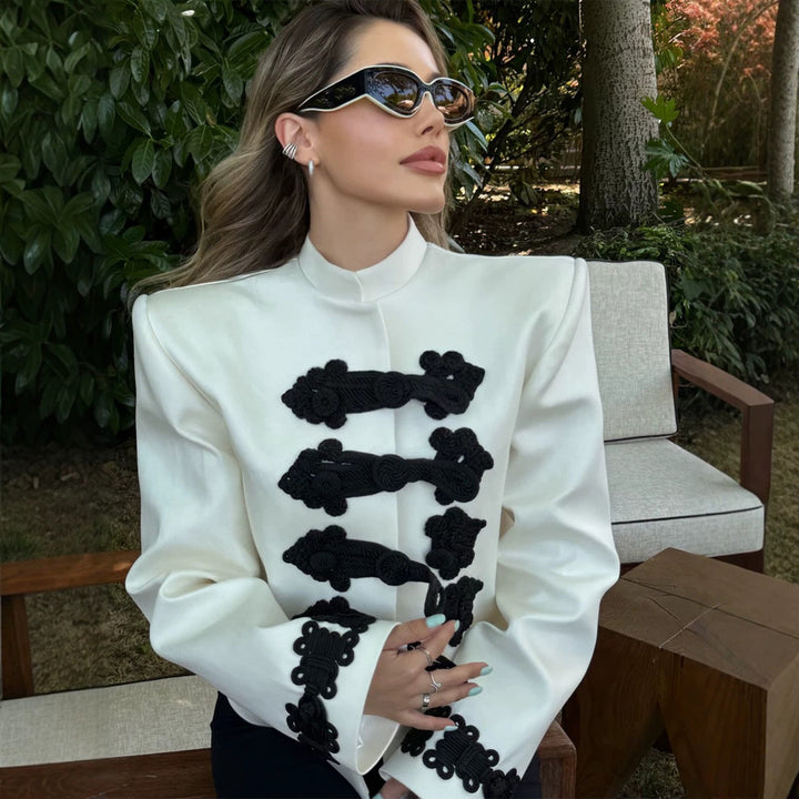 Women’s short blazer in military style with stand-up collar, decorative cord closures and contrasting application Amarae