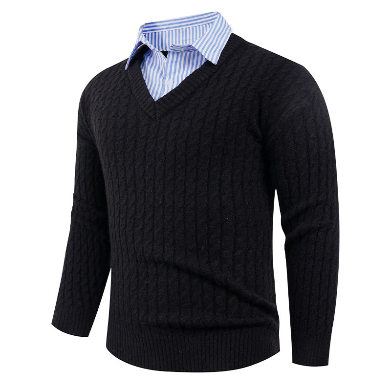 Men's knitted sweater with cable knit pattern and V-neck Lune London